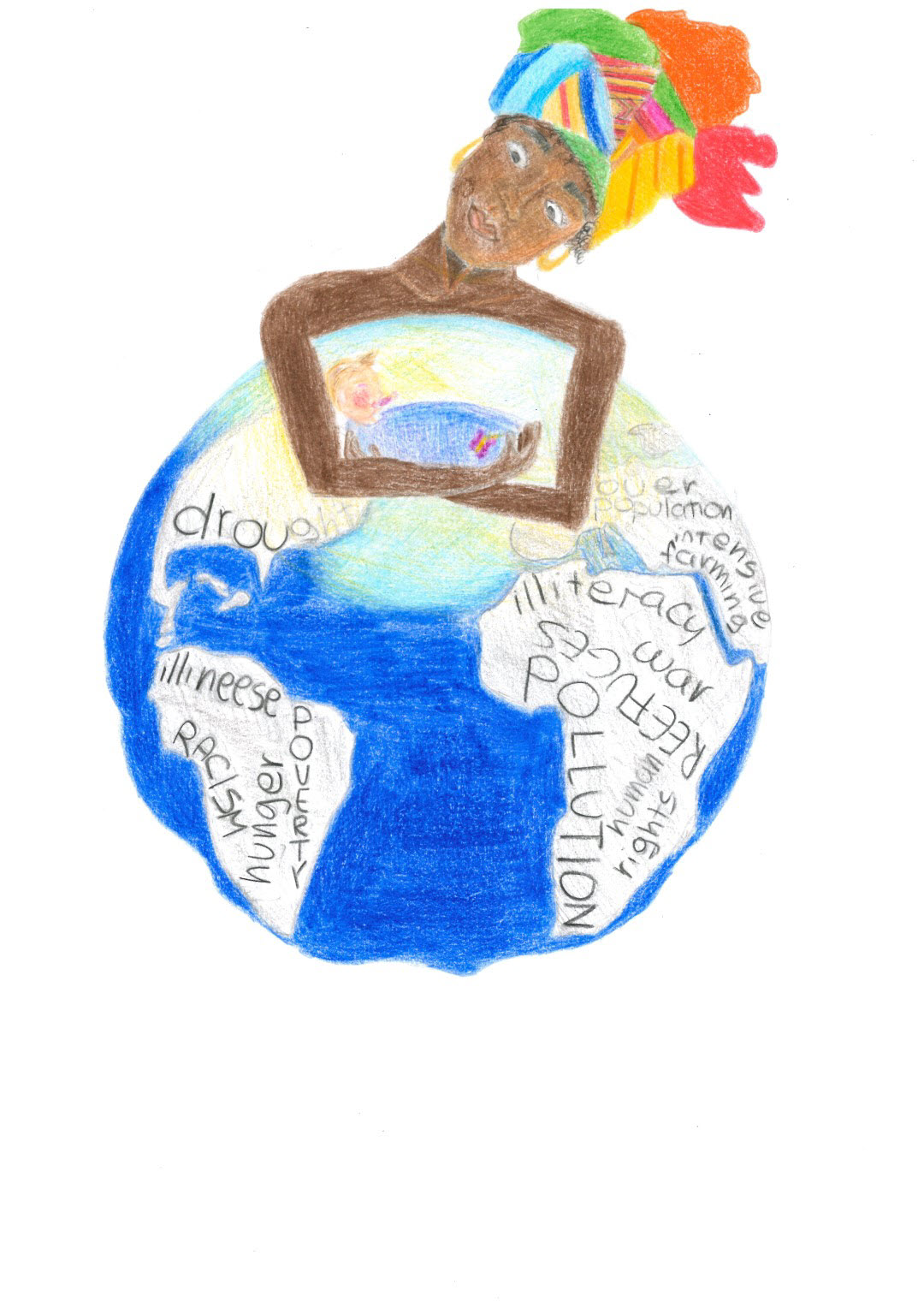 Shows a person hugging the world: drought, illness, racism, pollution and more