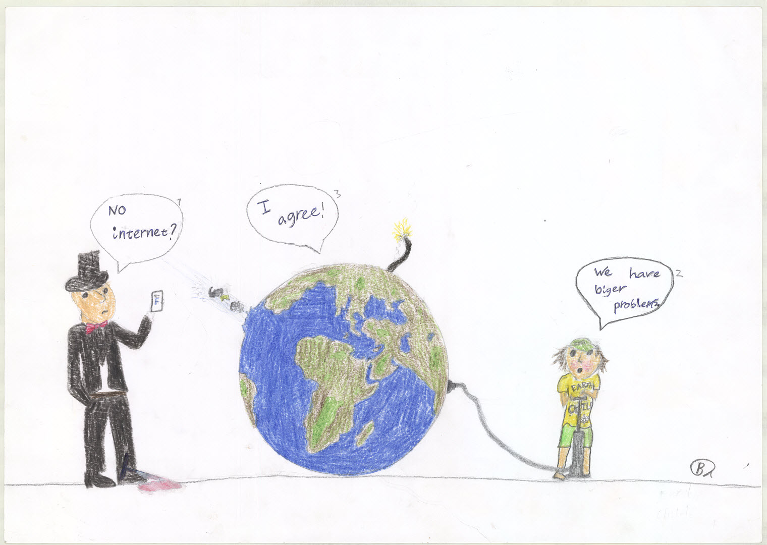 Shows a person holding a cell phone, no Internet. the planet with a fuse and a child indicating we have bigger problems