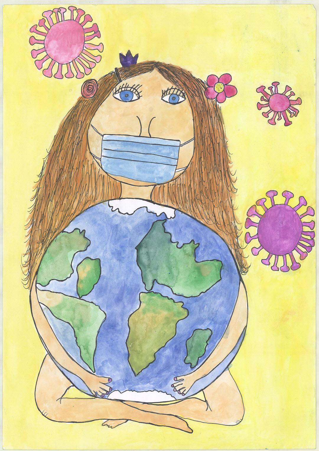 Shows a person wearing a mask with covid-19 virus around her; the world in her hands