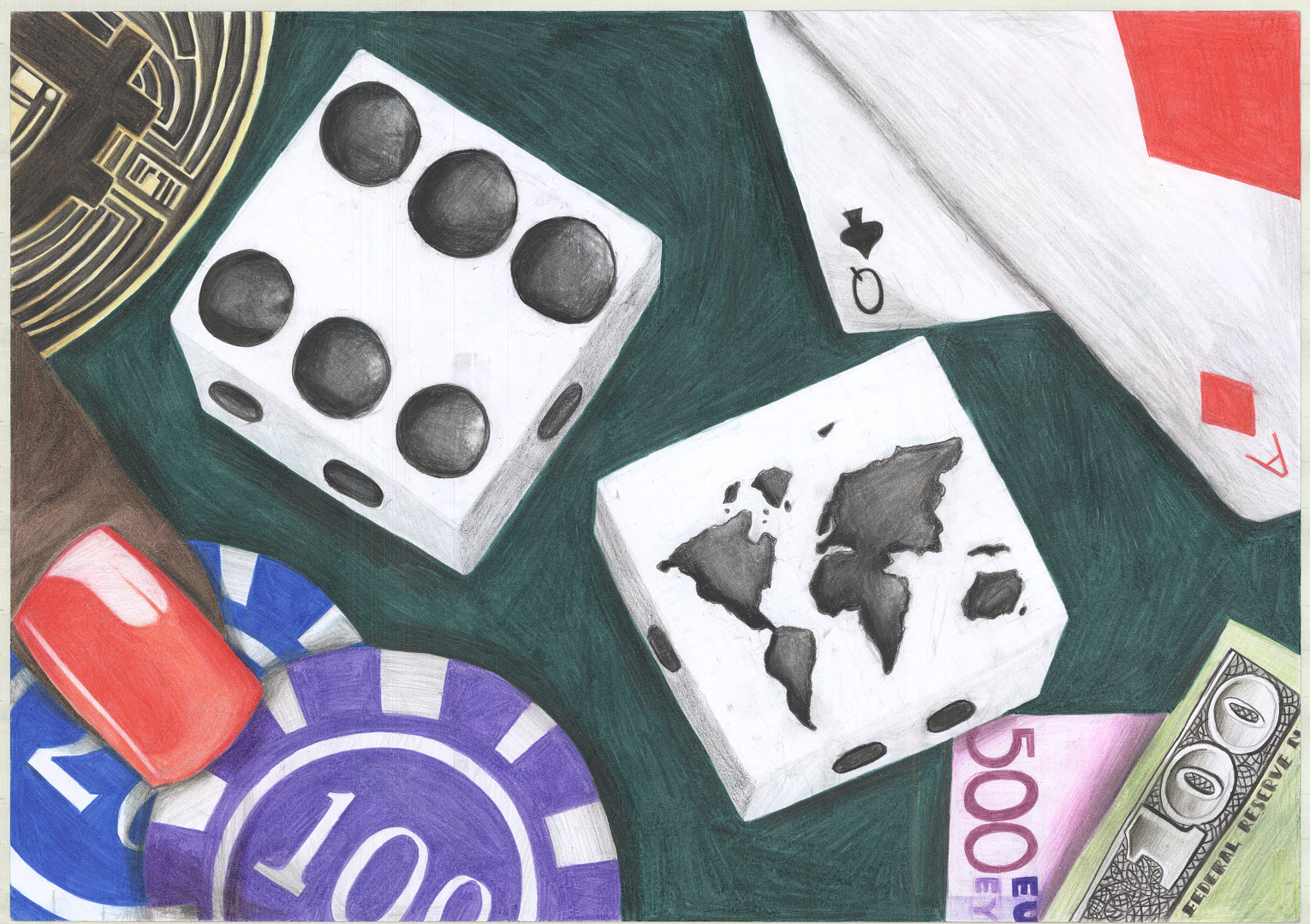 Shows dice, cards, money and the world on a dice