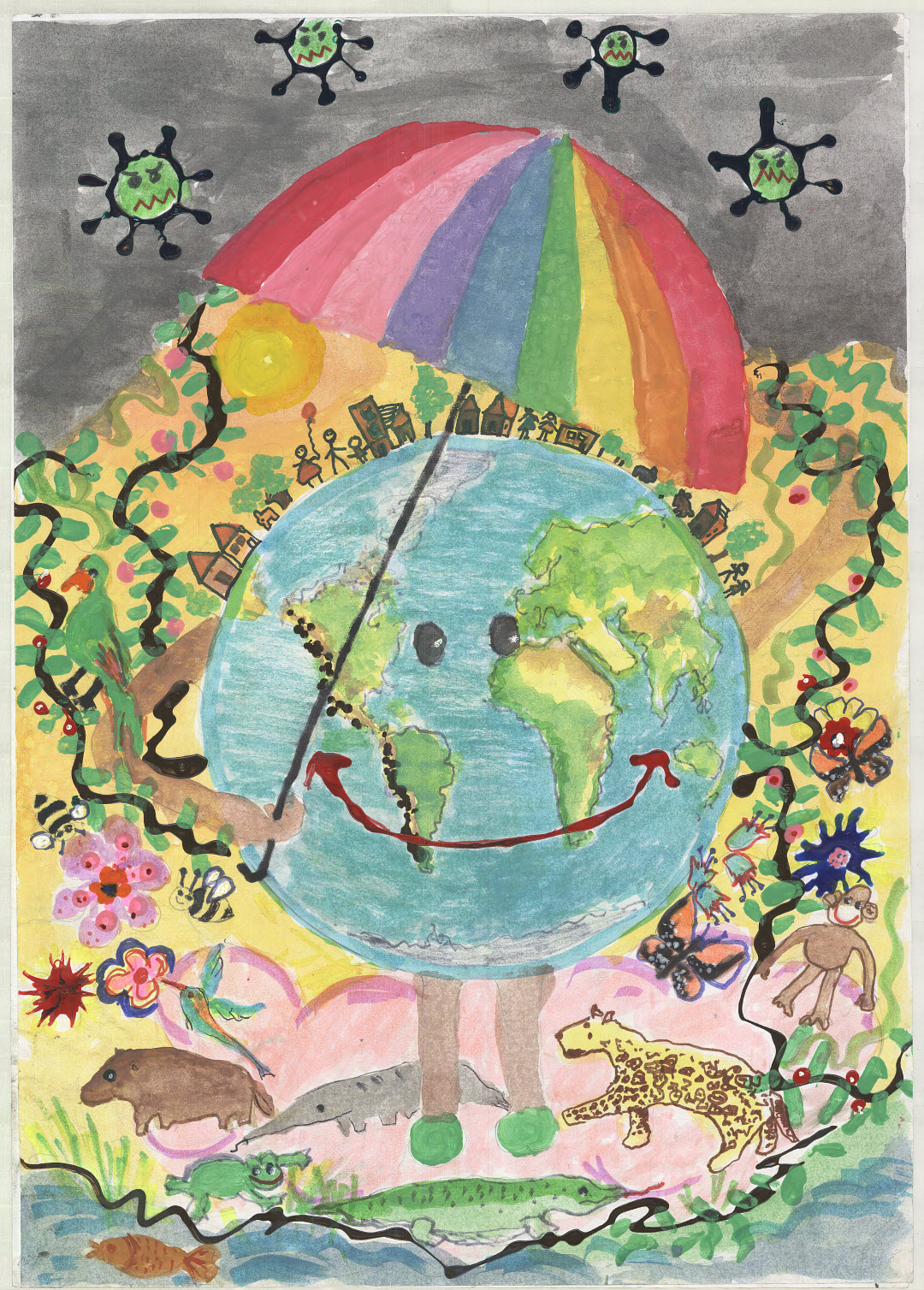 Map showing happy planet, with a rainbow umbrella, animals but overshadowed by covid-19