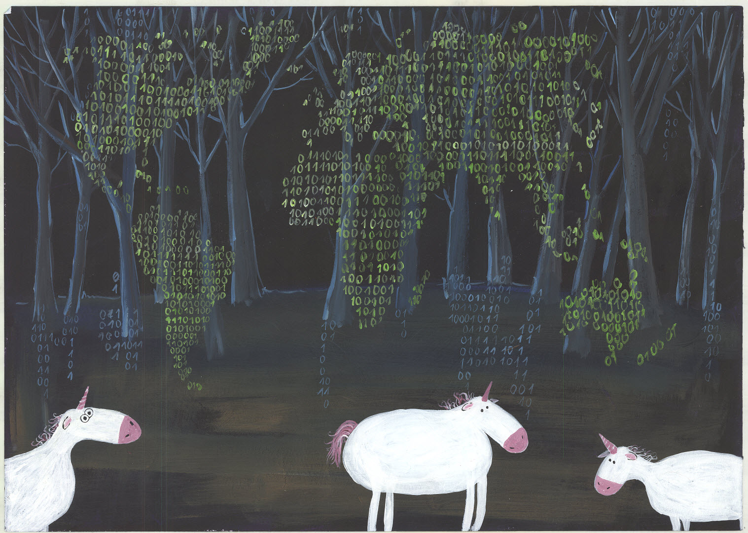 Shows unicorns, trees and binary coding