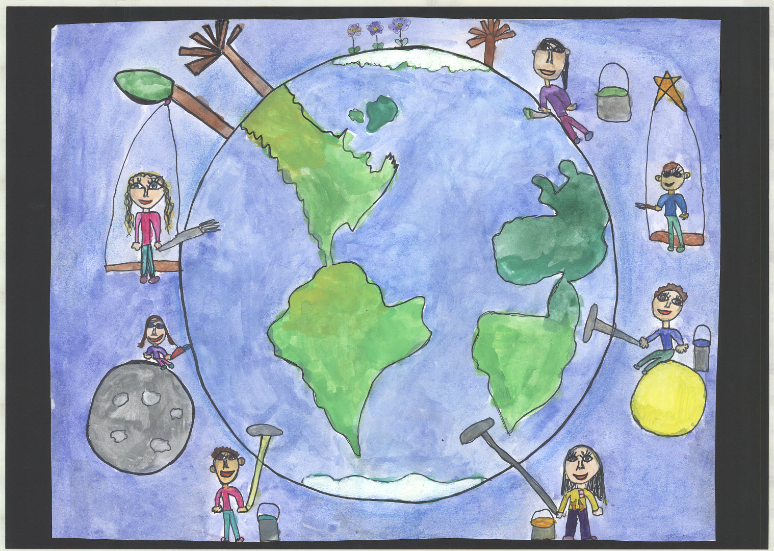 Shows children around the world, painting the planet