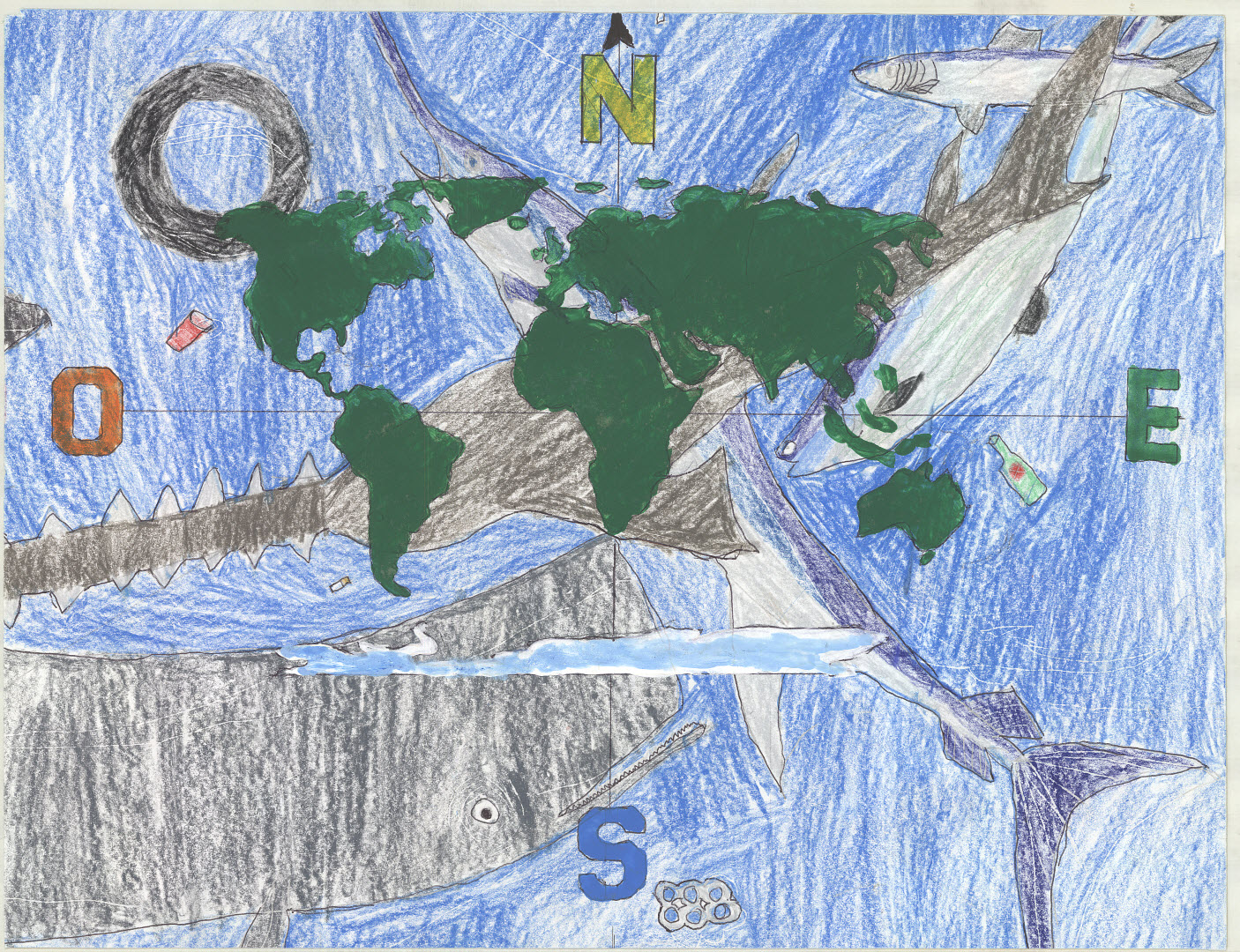 Shows the oeans and continent, fish, shark, pollution 