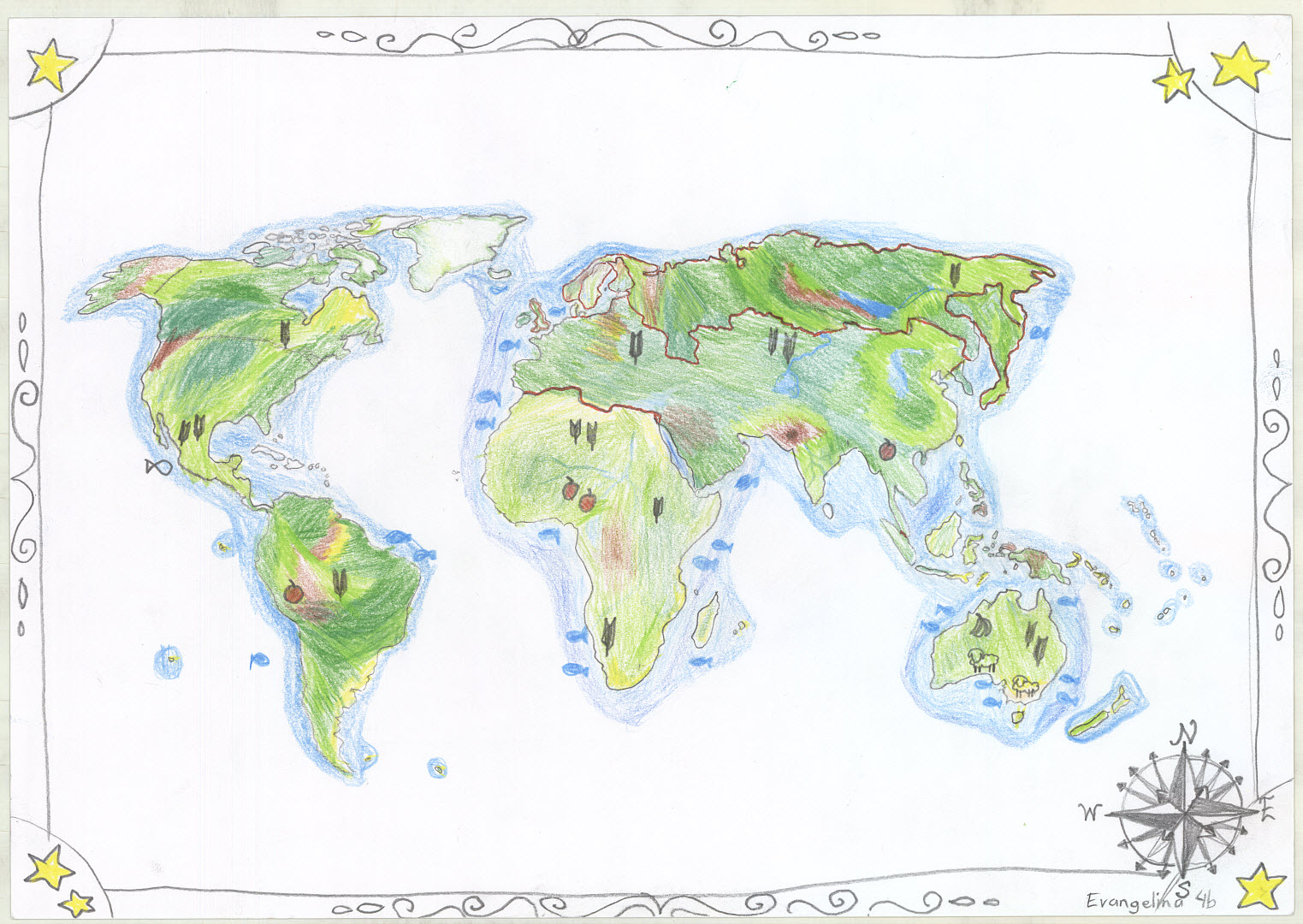 Shows all of the continents, coloured, with greenery, wildlife and stars