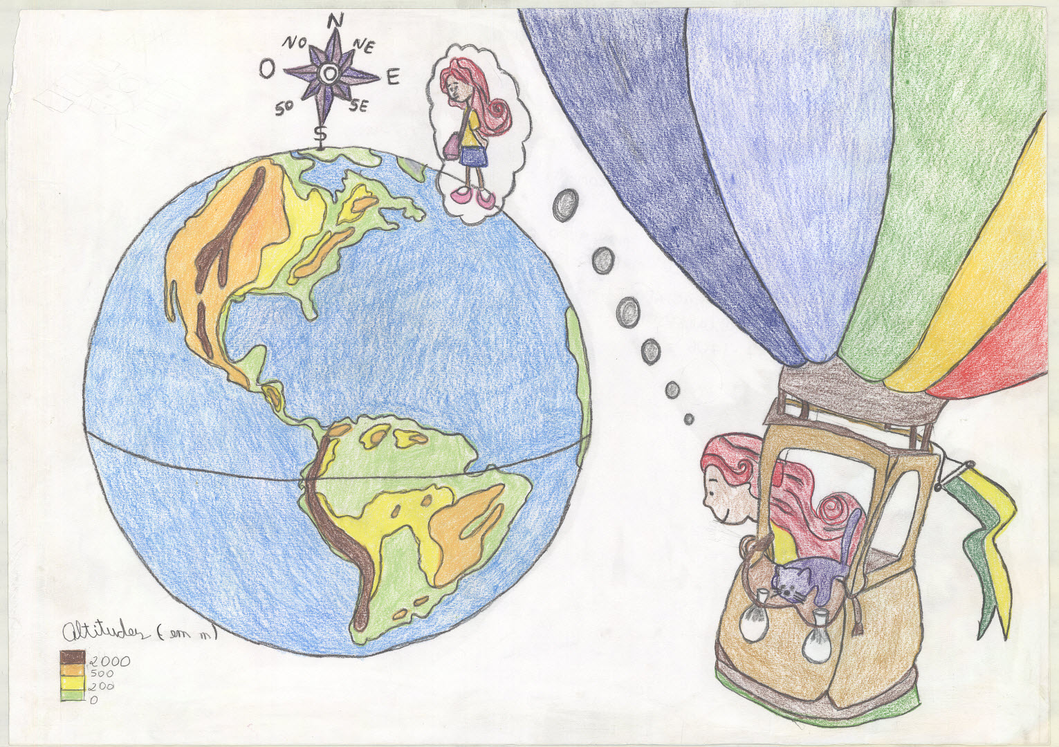 A child in a hot air balloon looking at the planet, heights mapped