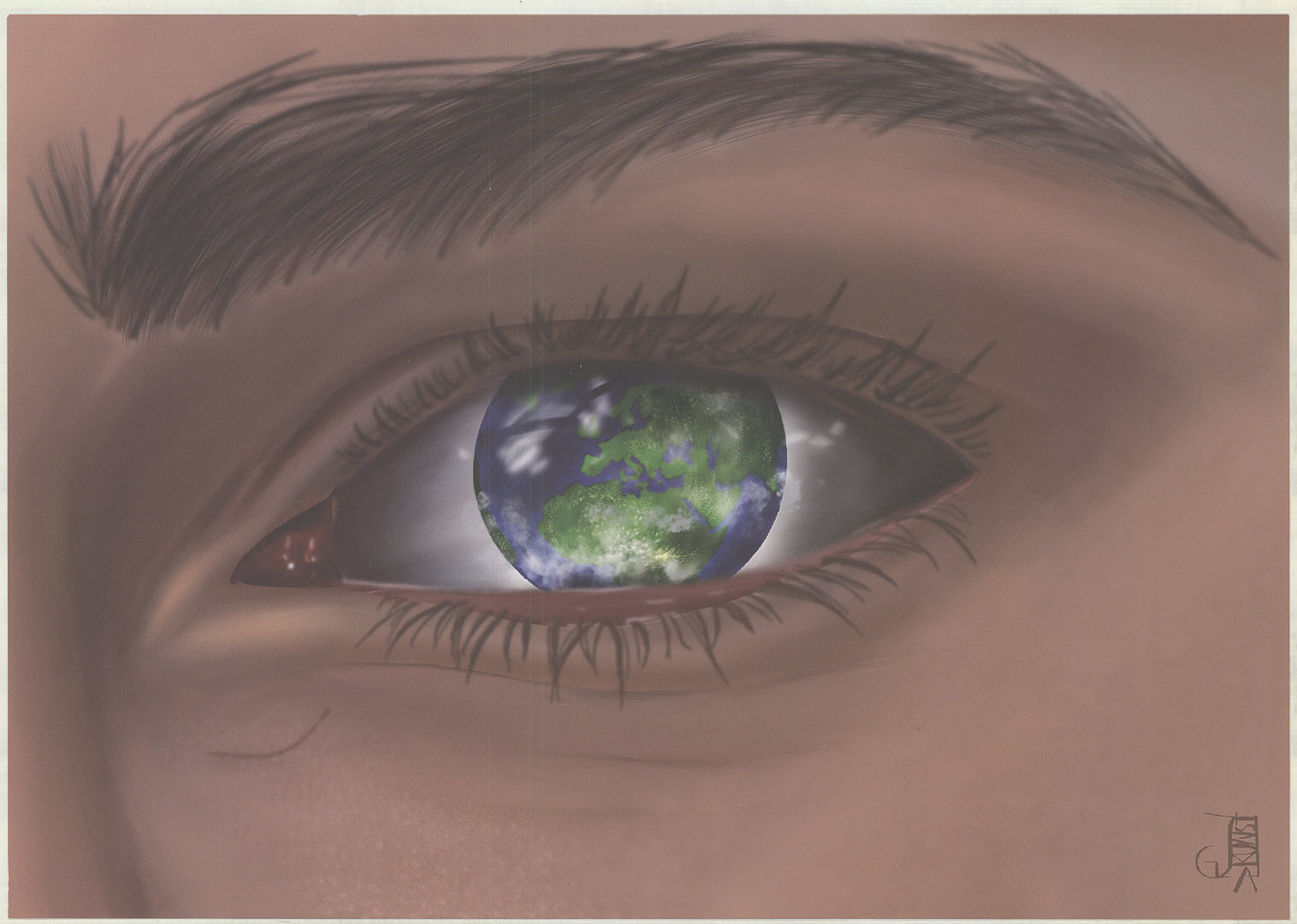 Shows an eye with the planet in the centre