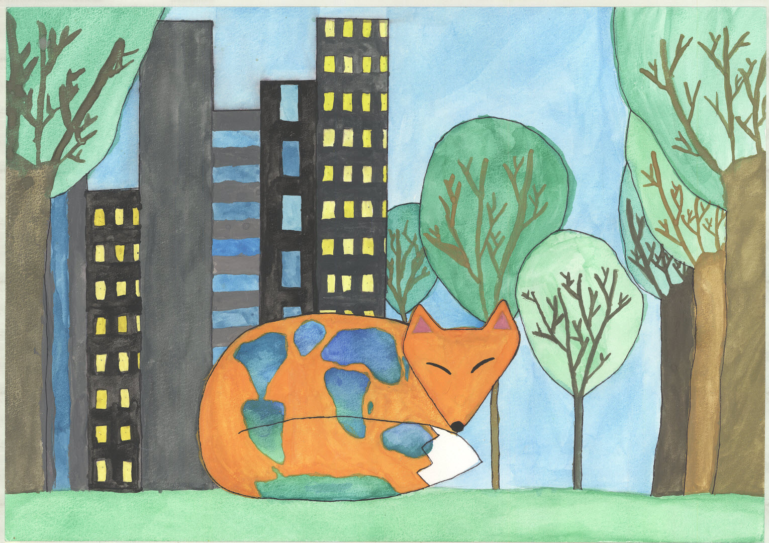 Shows a fox with the continents on its body, with trees protected in a bubble and city buildings