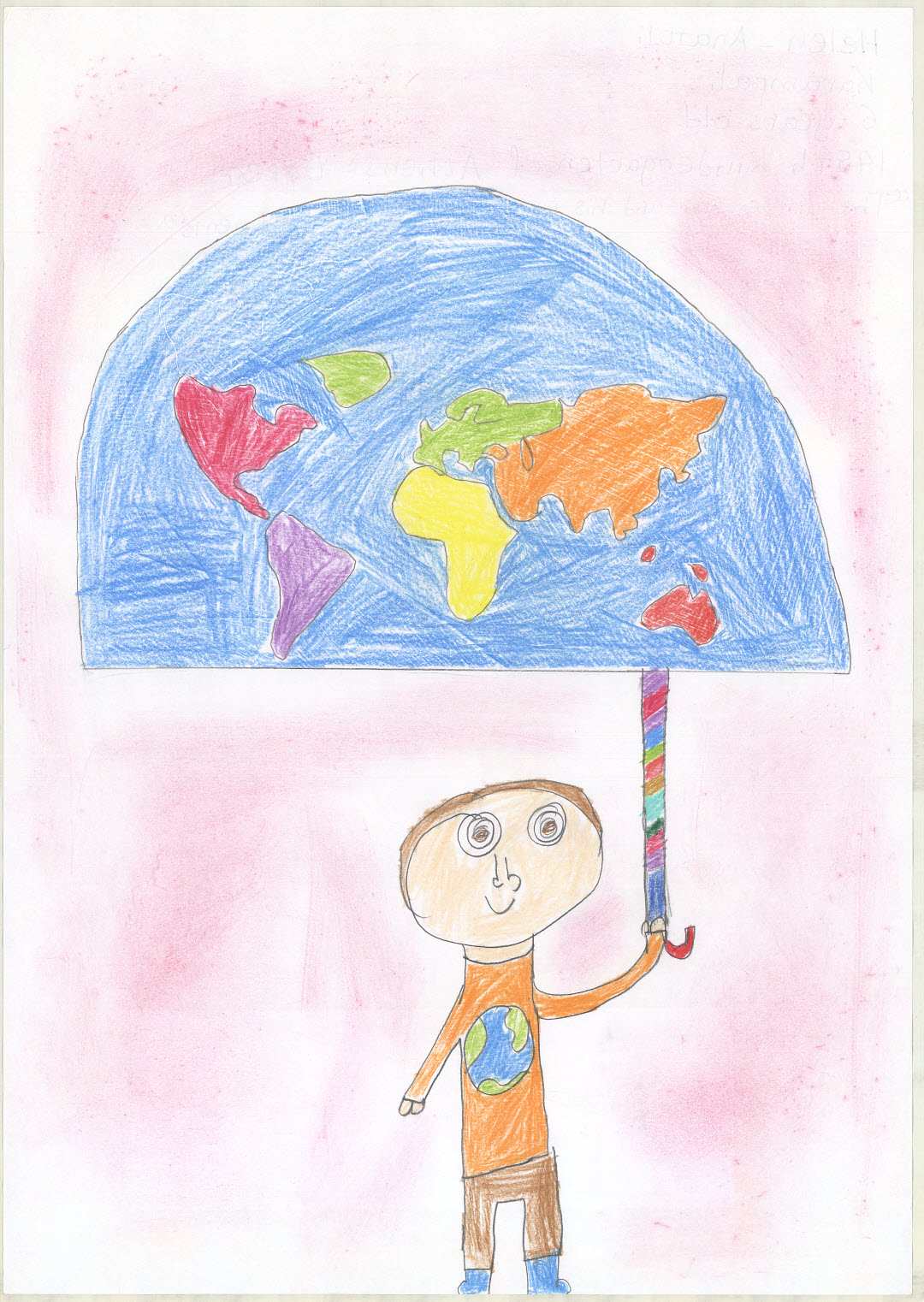 A boy holding a umbrella, with all 5 continents in colour