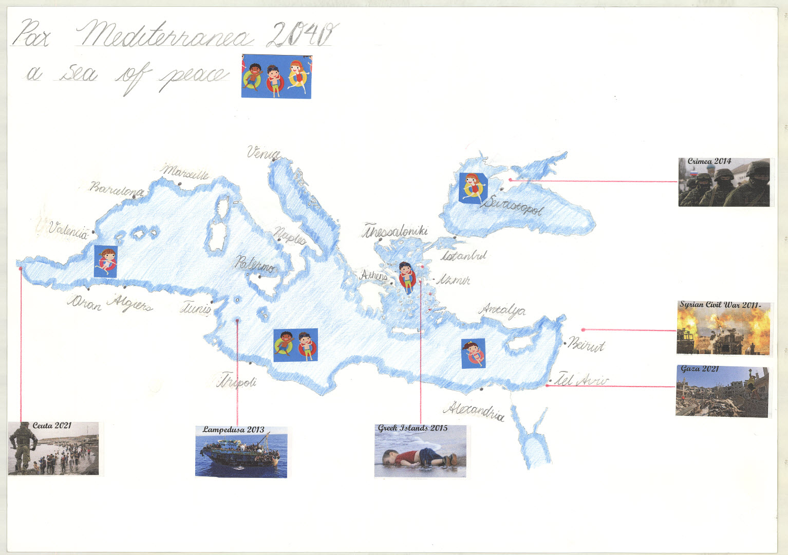 Shows the Mediterranean Sea and Greece with children relaxing; images surrounding the map show wars and tragic events