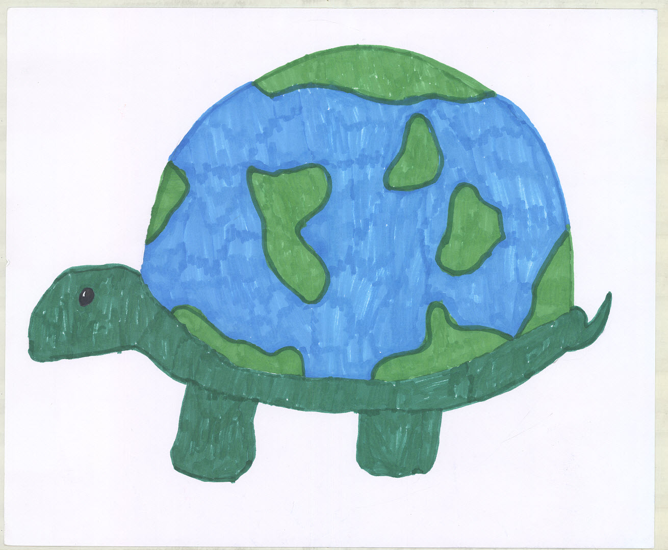 Shows a turtle with the earth as its shell