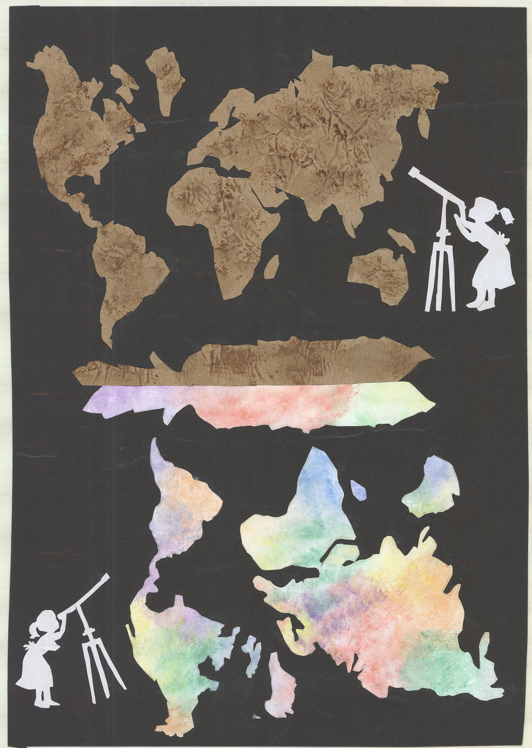 Map showing all of the continents and a girl with a telescope