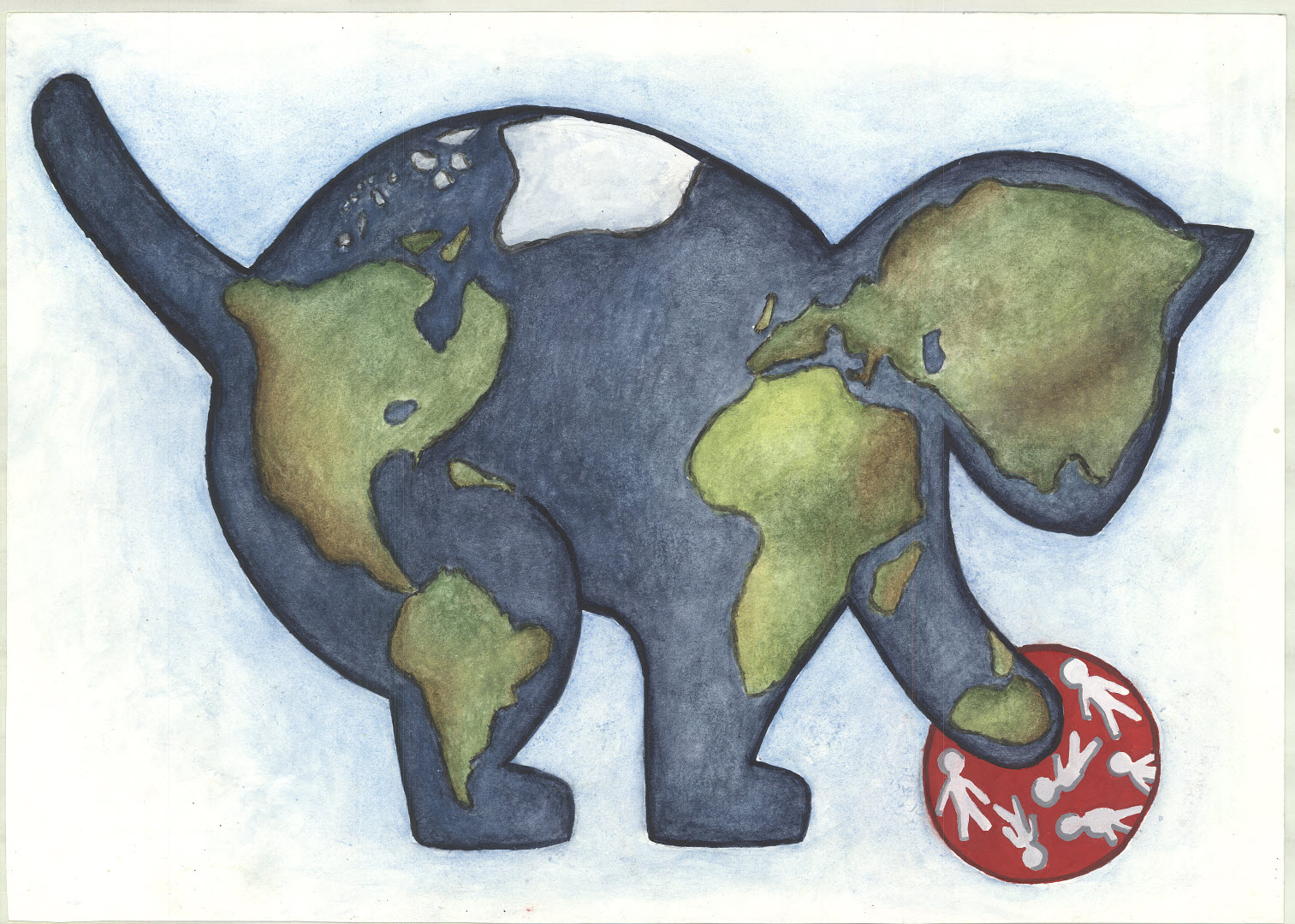 Shows the world in the shape of a cat playing with a ball which includes people