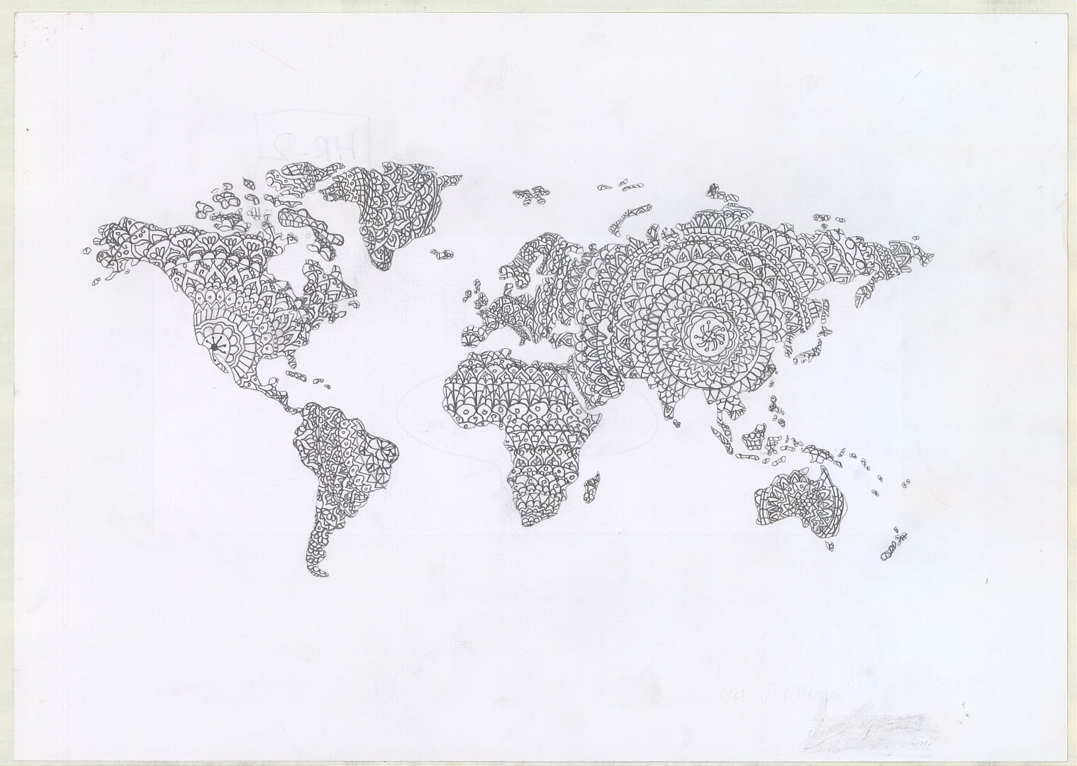 Shows the continents in black and white
