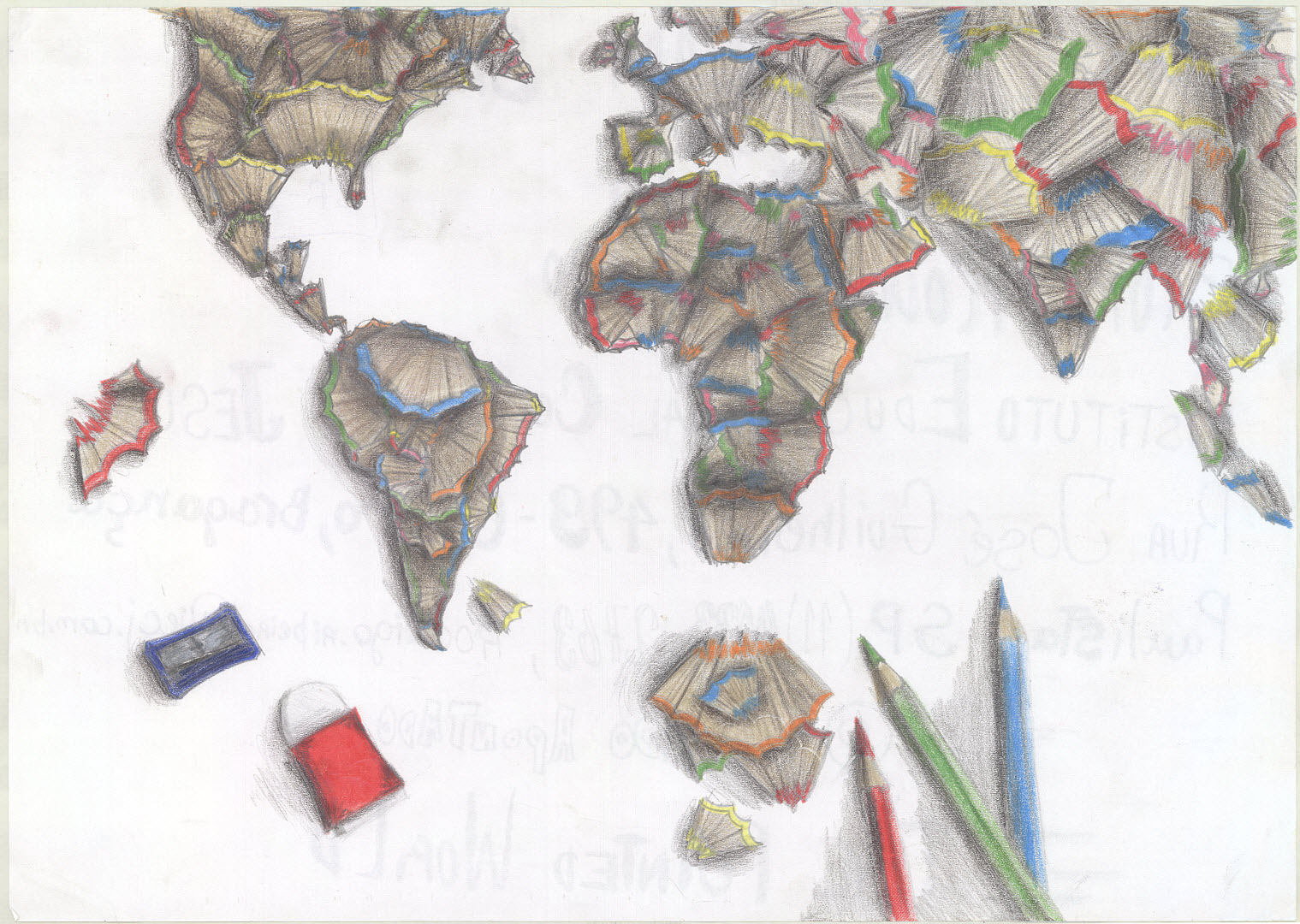 Shows all of the continents, coloured pencils outlining the borders