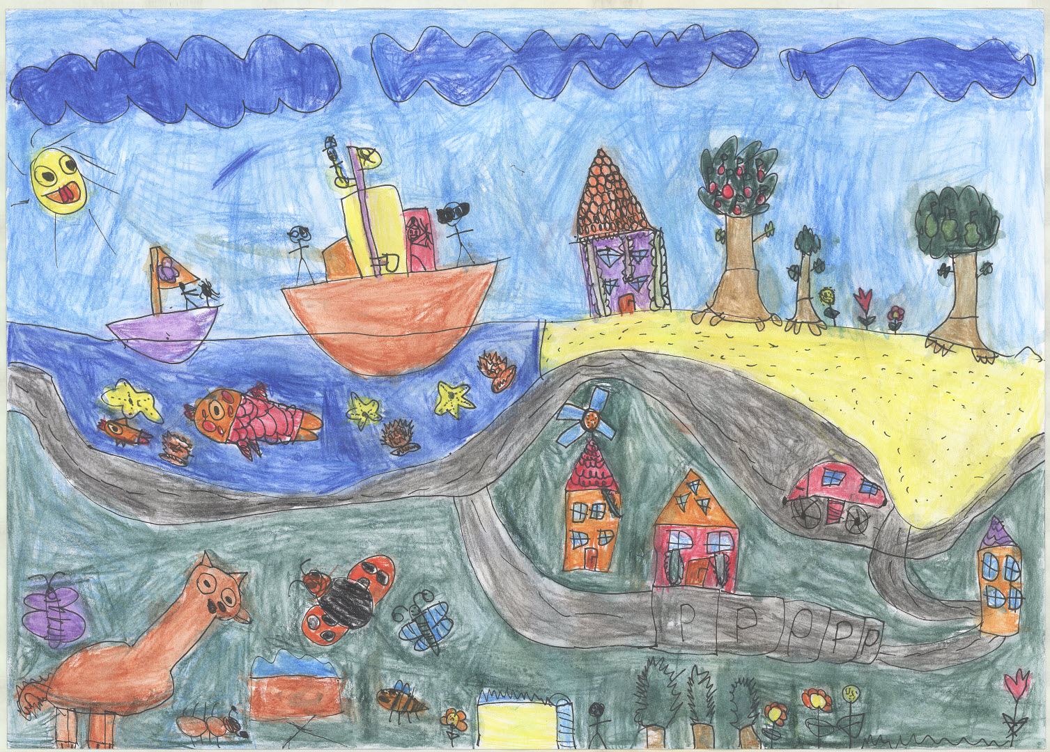 Shows the child's environment houses, trees, ocean, animals, flowers