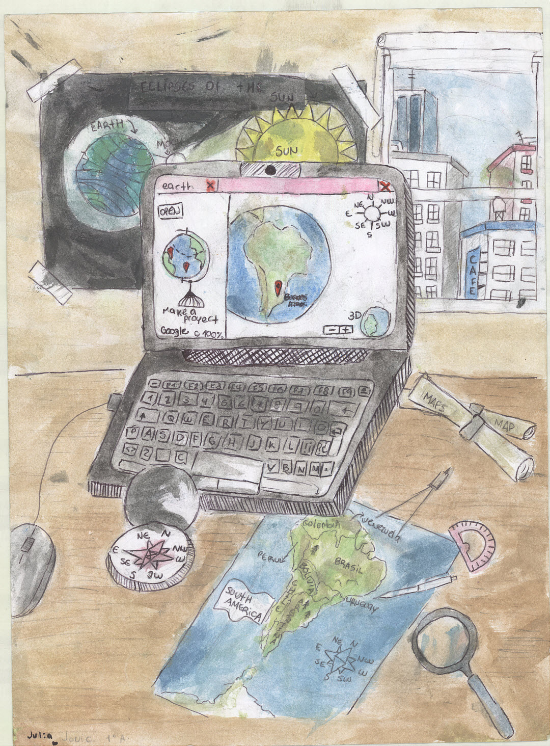 Map showing a laptop with a Google map image, the sun, map tools
