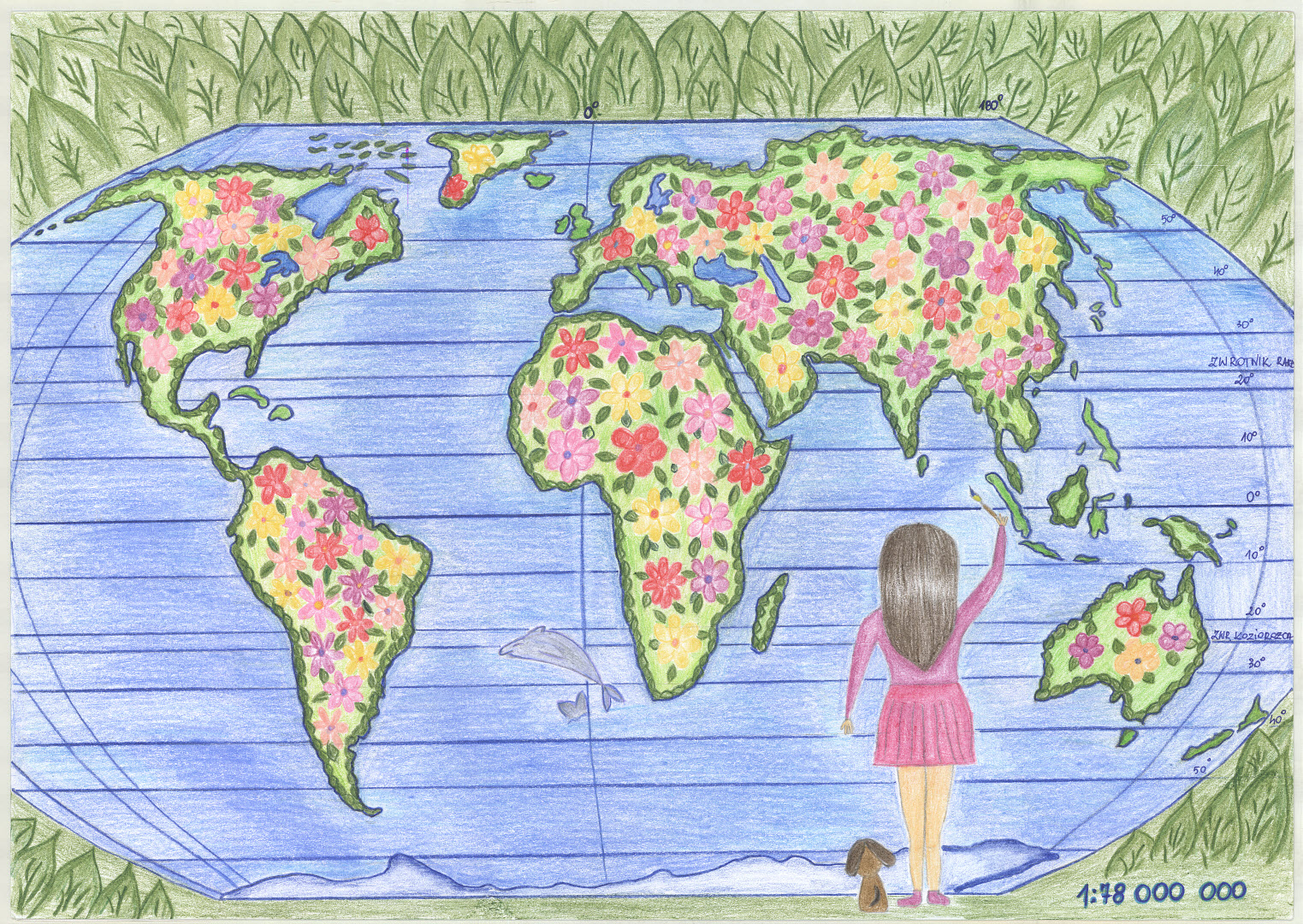 Shows a person and their dog with each continent and flowers within each location