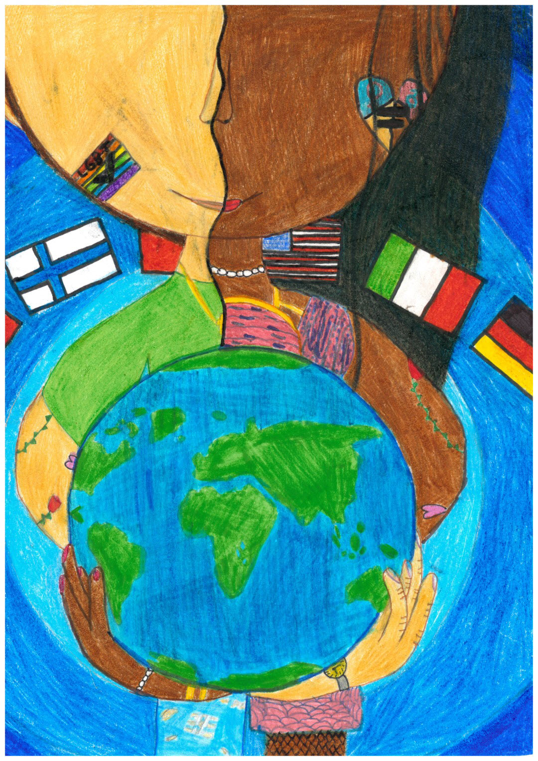 Shows two people, white and brown, holding the planet with country flags