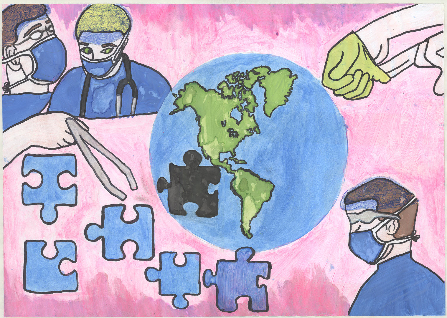 Shows the world as a puzzle, puzzle pieces and doctors wearing masks