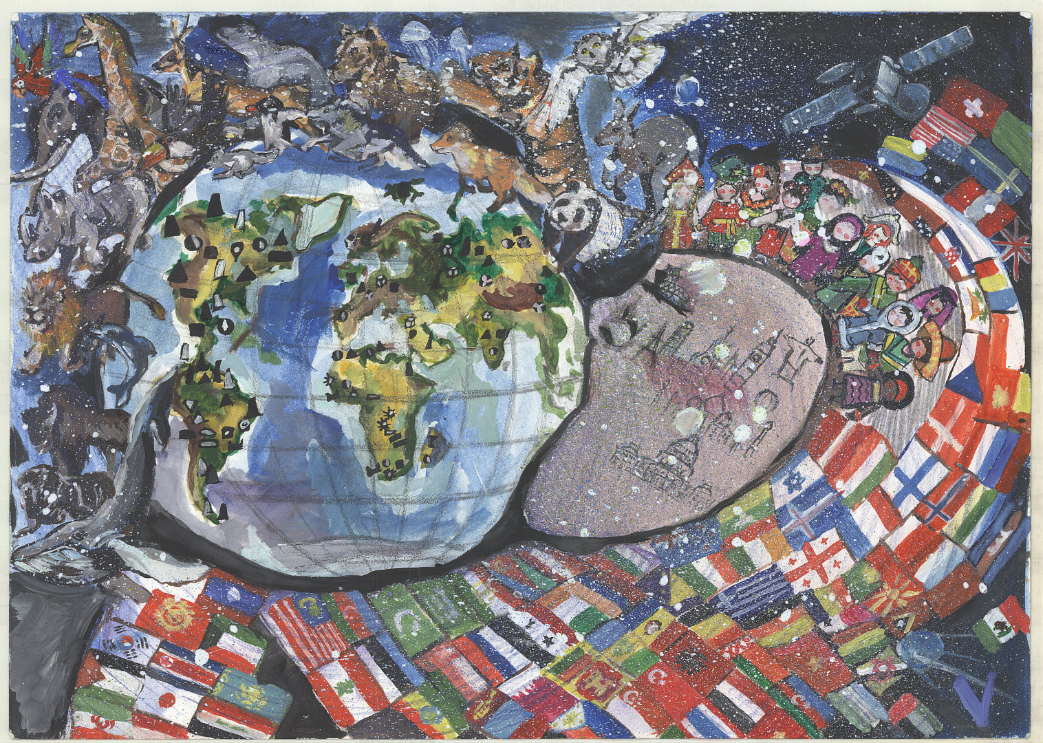 Shows the continents, animals, people, country flags, satellites