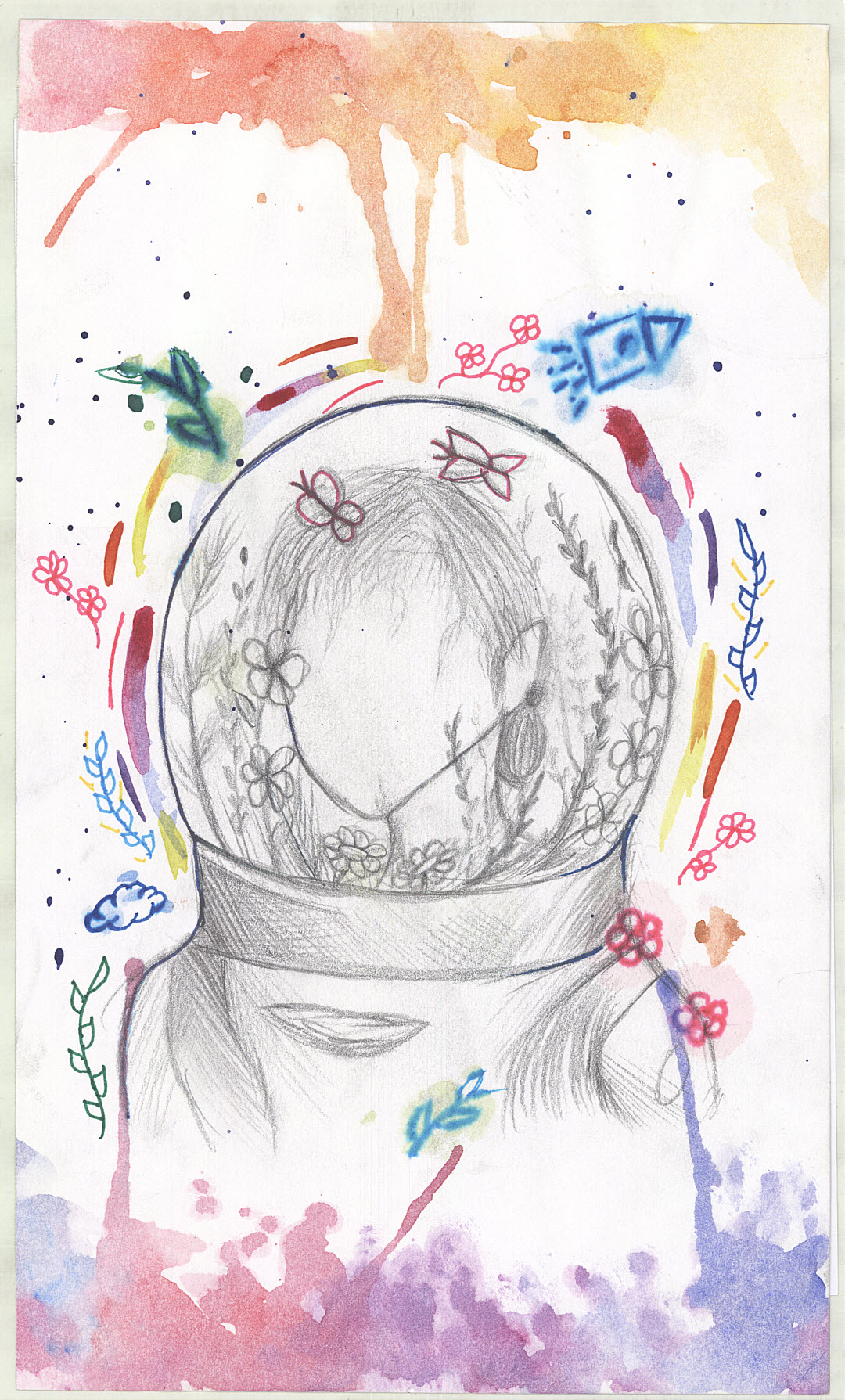 Shows the world as a crystal ball, flowers, rocket ship and a girl