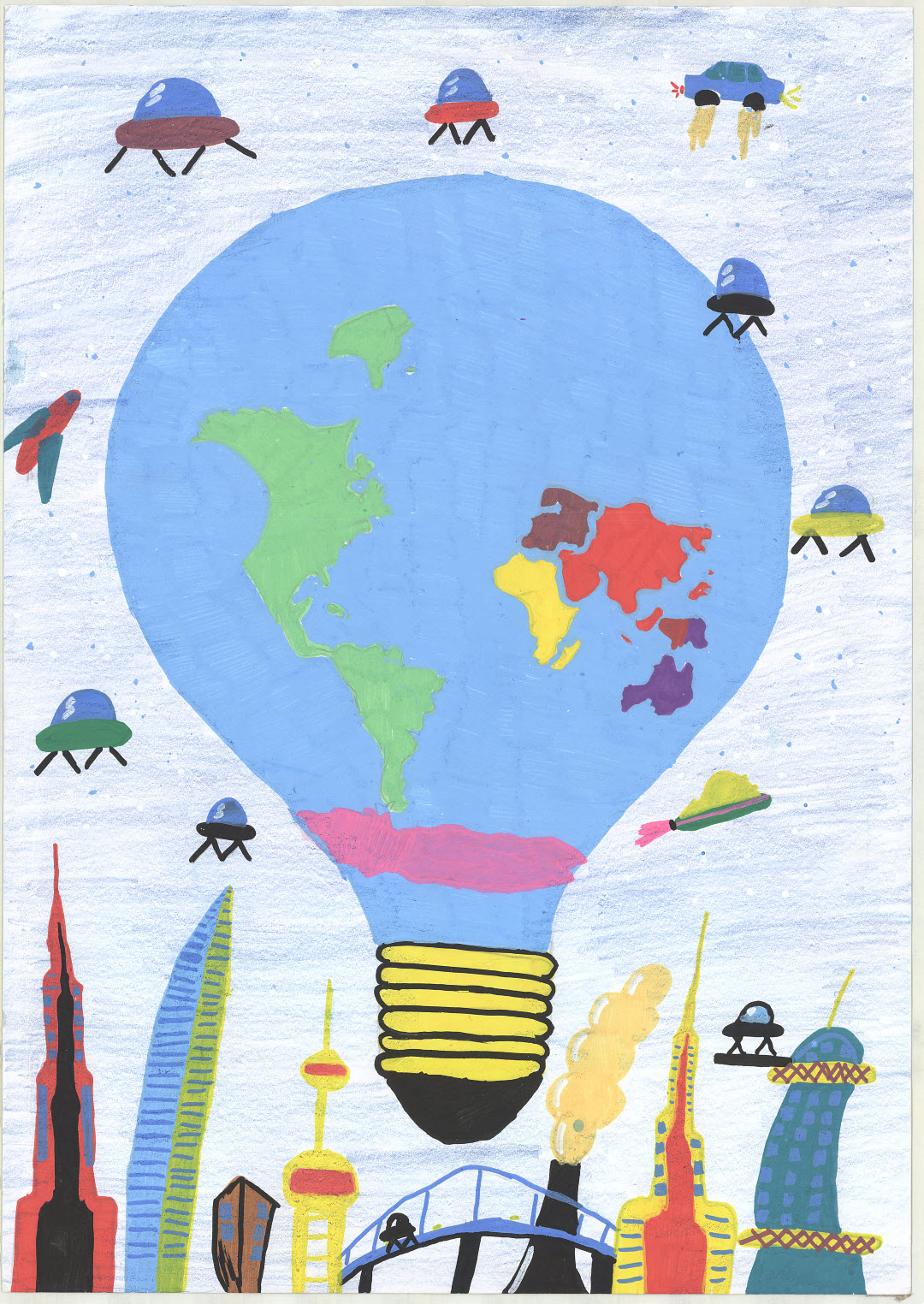 Shows the planet in the form of a lightbulb, spaceships, and buildings