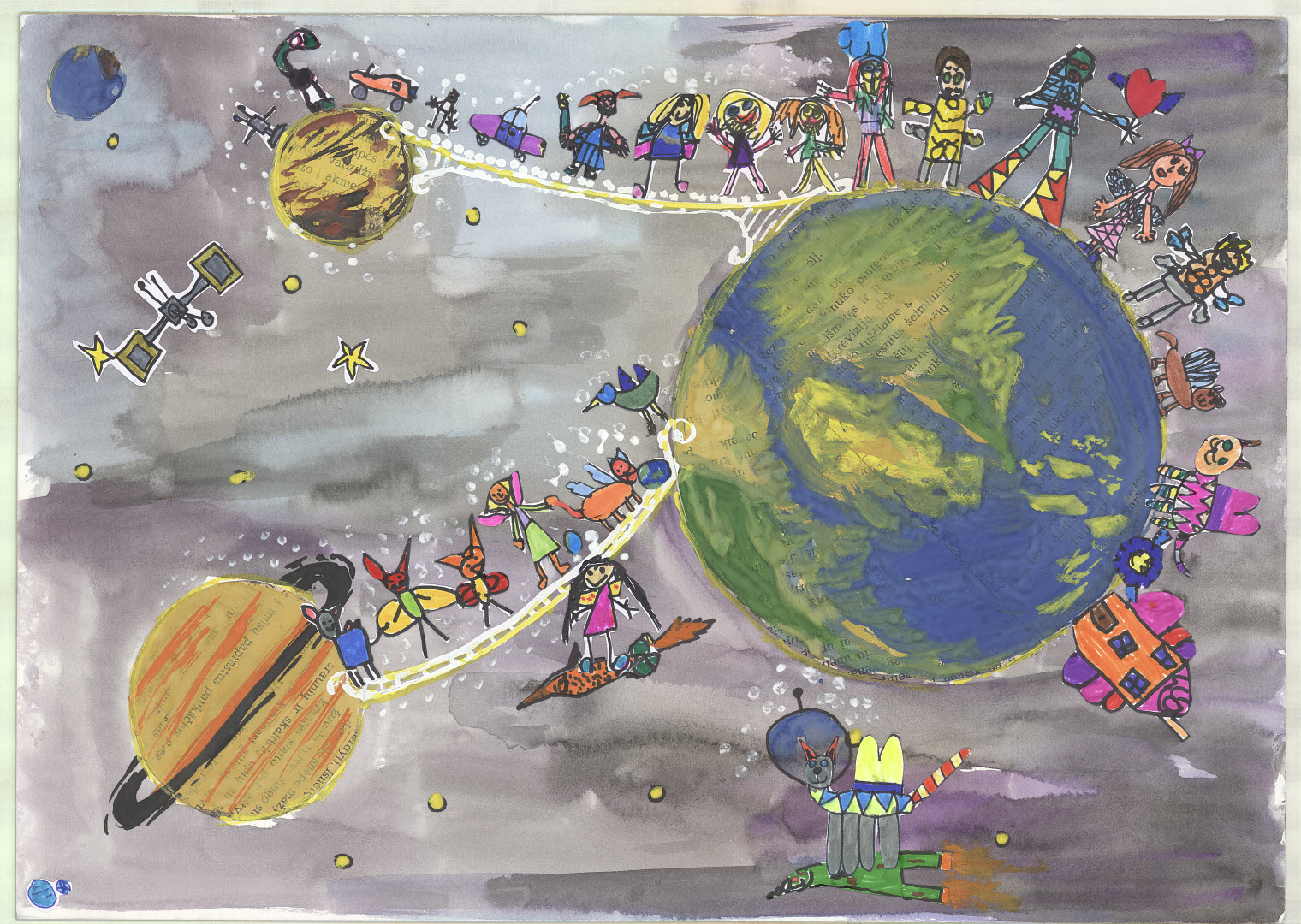 Shows Earth and two other planets with cars, people, animals, satellite, rocket ship