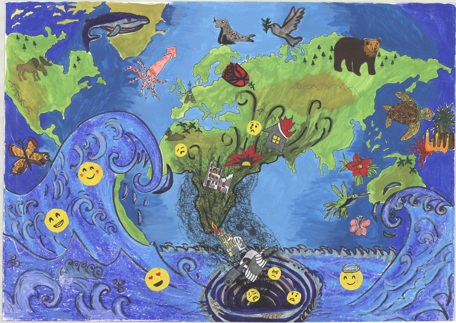 World map showing the biosphere - animals, oceans, greenery, flowers