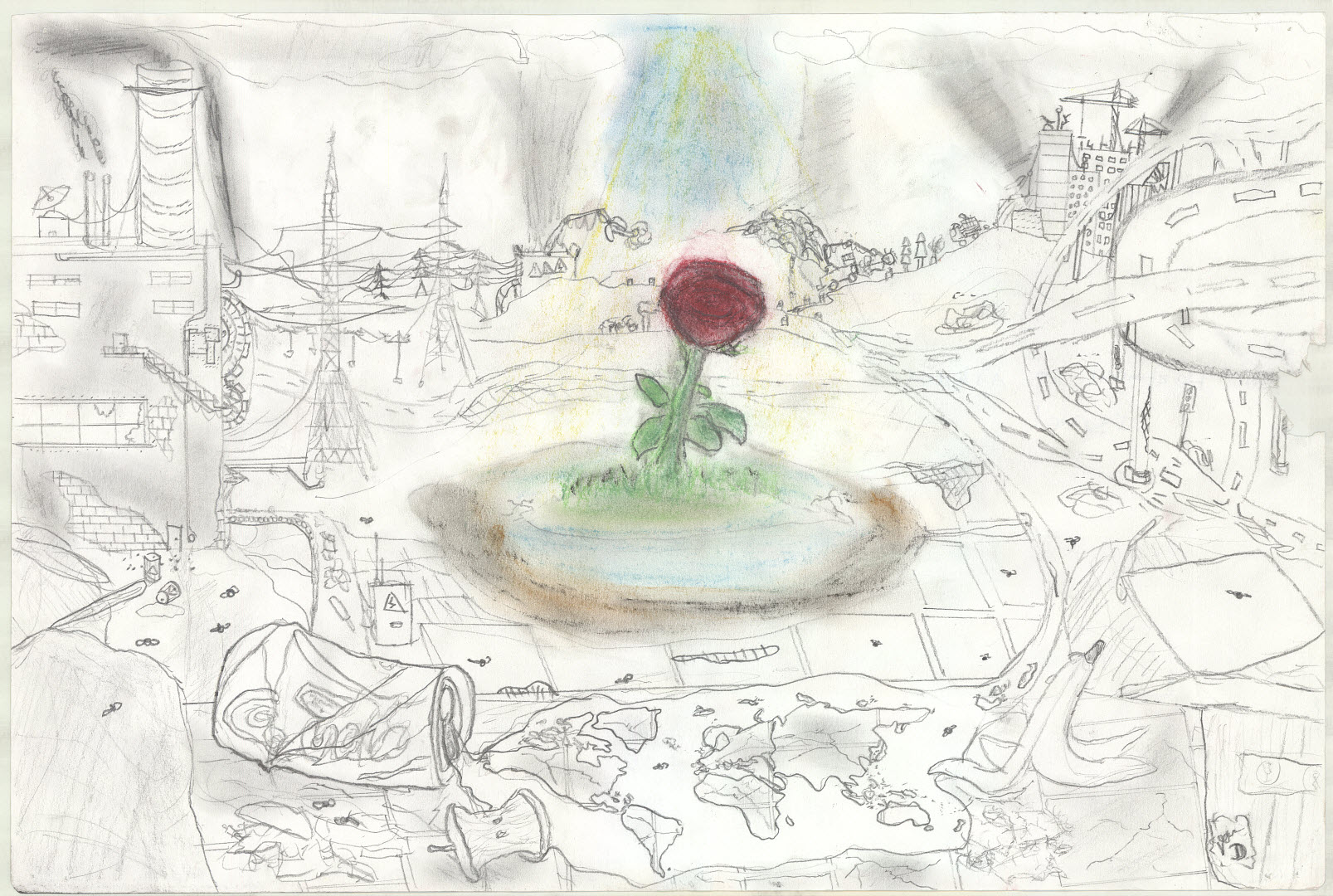 Shows a rose in a lake amongst pollution and litter