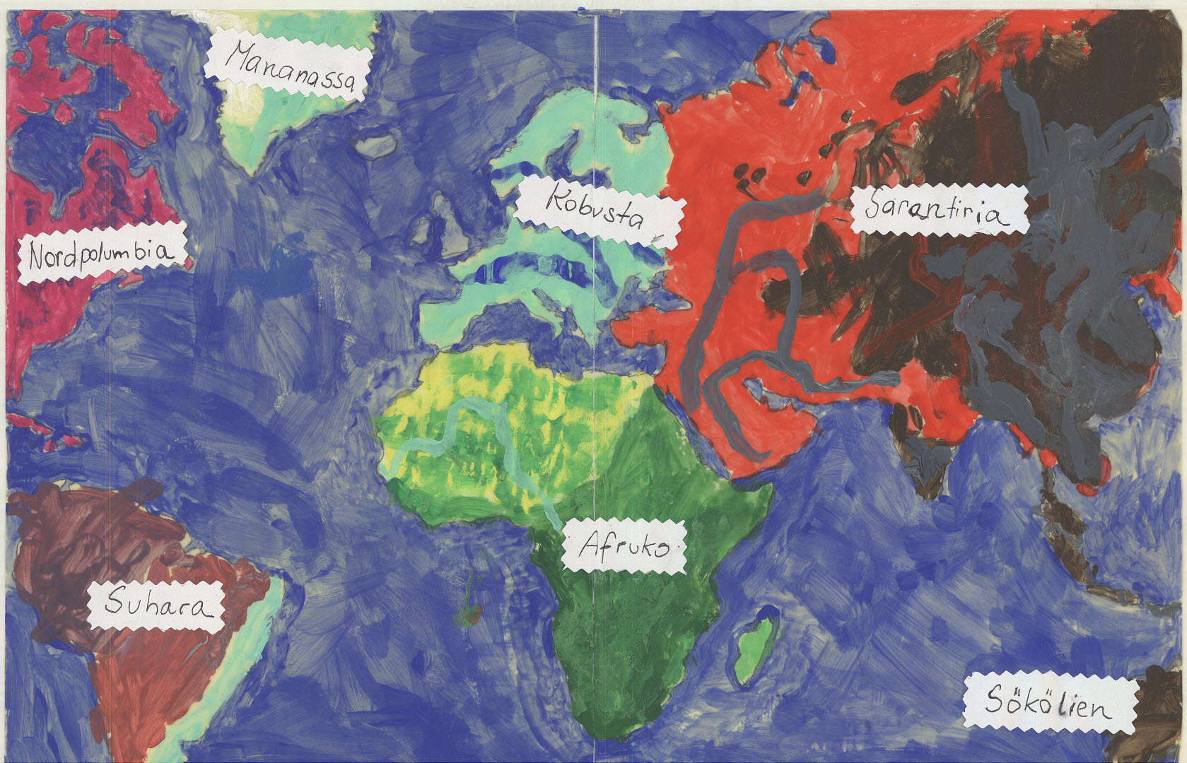 Shows all of the continents in colour