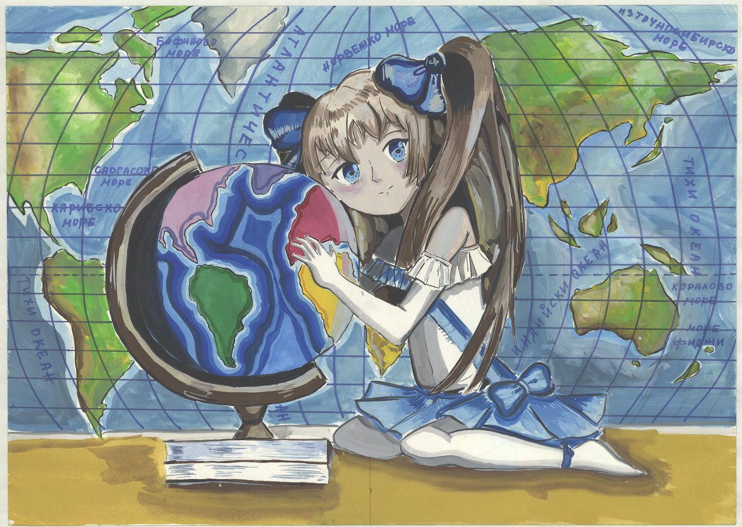 Shows a girl embracing a globe